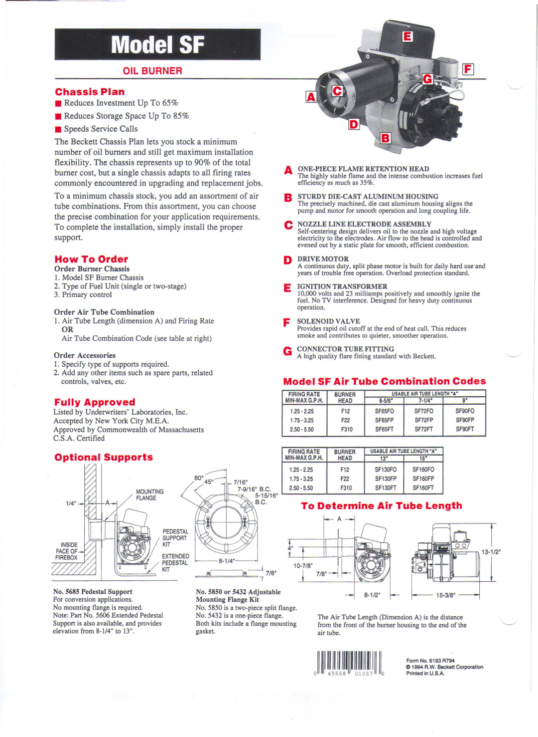 Beckett SF ONE-PIECE Flame Retention Head, Drive Motor, Ignition Transformer, Solenoid Valve, Connector Tube Fitting 