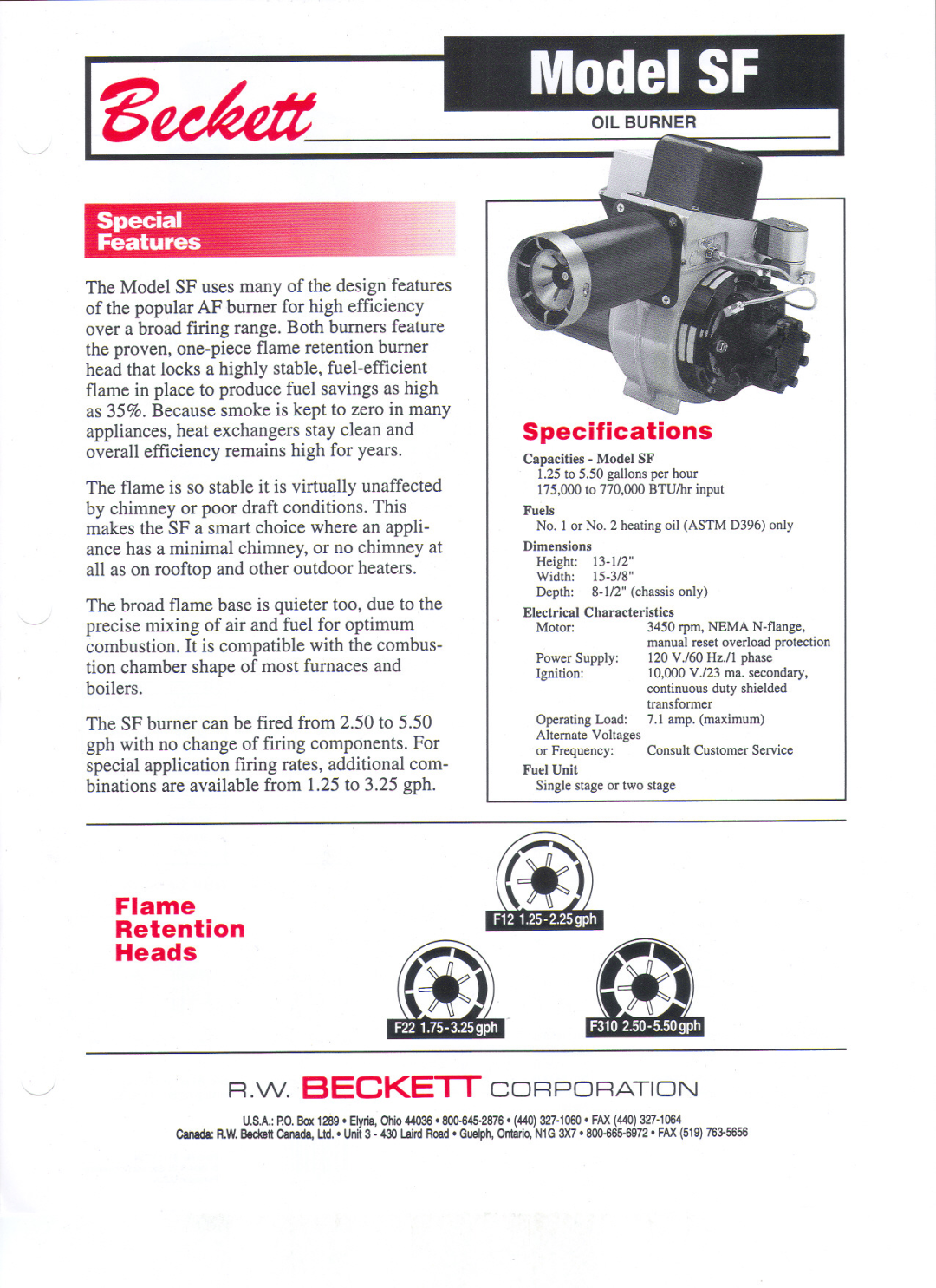 Beckett SF specifications ~edett, Flame Retention Heads, Specifications, ~R.W. Becketi Corporation 