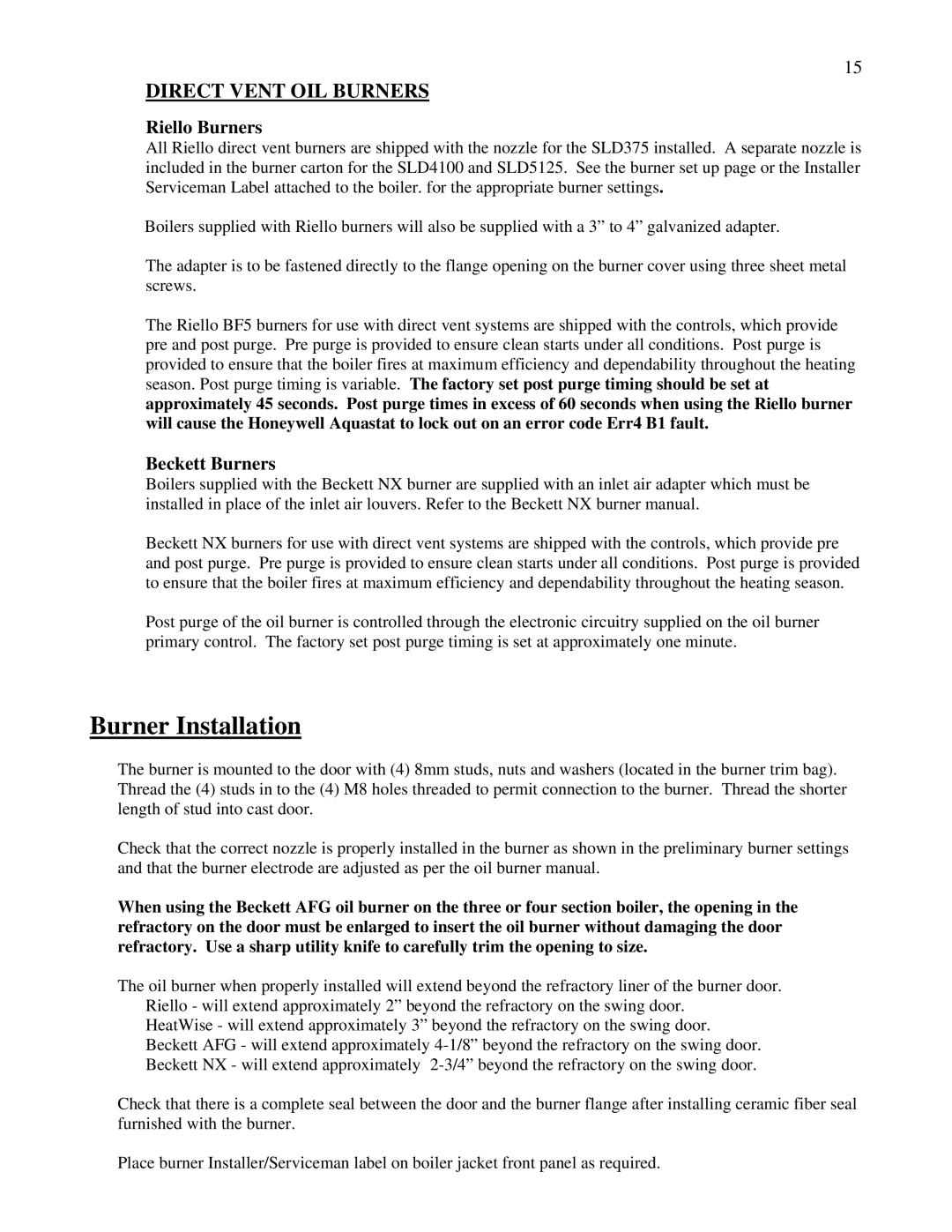 Beckett SL6150, SLD375, SL5125, SLD4100, SLD5125, SL375, SL7175, SL4100 manual Burner Installation, Direct Vent OIL Burners 