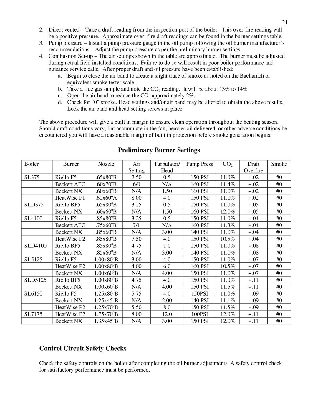 Beckett SL7175, SLD375, SL5125, SLD4100, SLD5125, SL375, SL4100 manual Preliminary Burner Settings, Control Circuit Safety Checks 