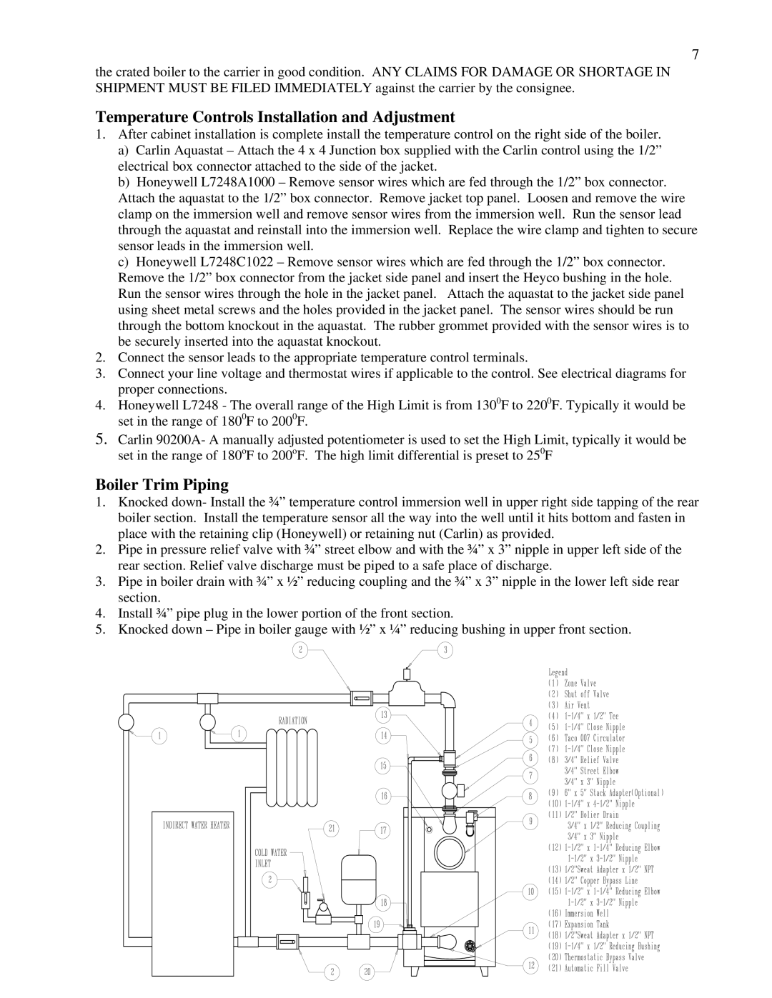 Beckett SL6150, SLD375, SL5125, SLD4100, SLD5125, SL375 Temperature Controls Installation and Adjustment, Boiler Trim Piping 