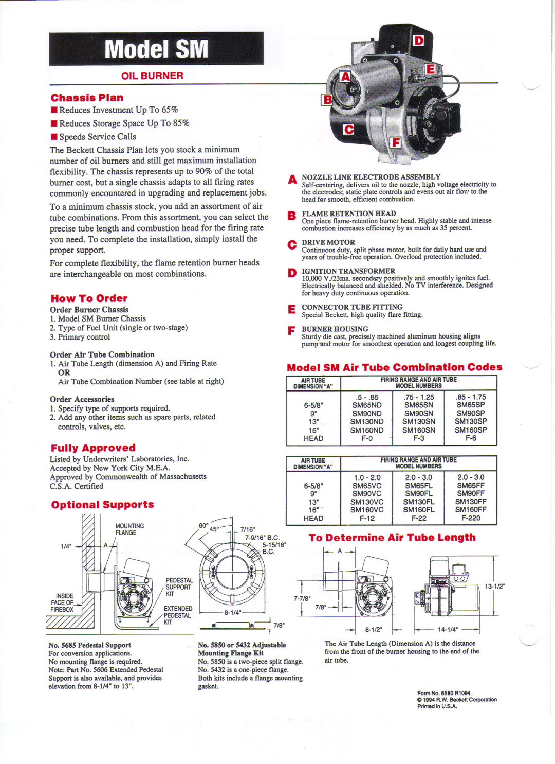 Beckett Flame Retention Head, Drive Motor, Ignition Transformer, Connector Tube Fitting, Burner Housing, SM65ND, SM65SP 