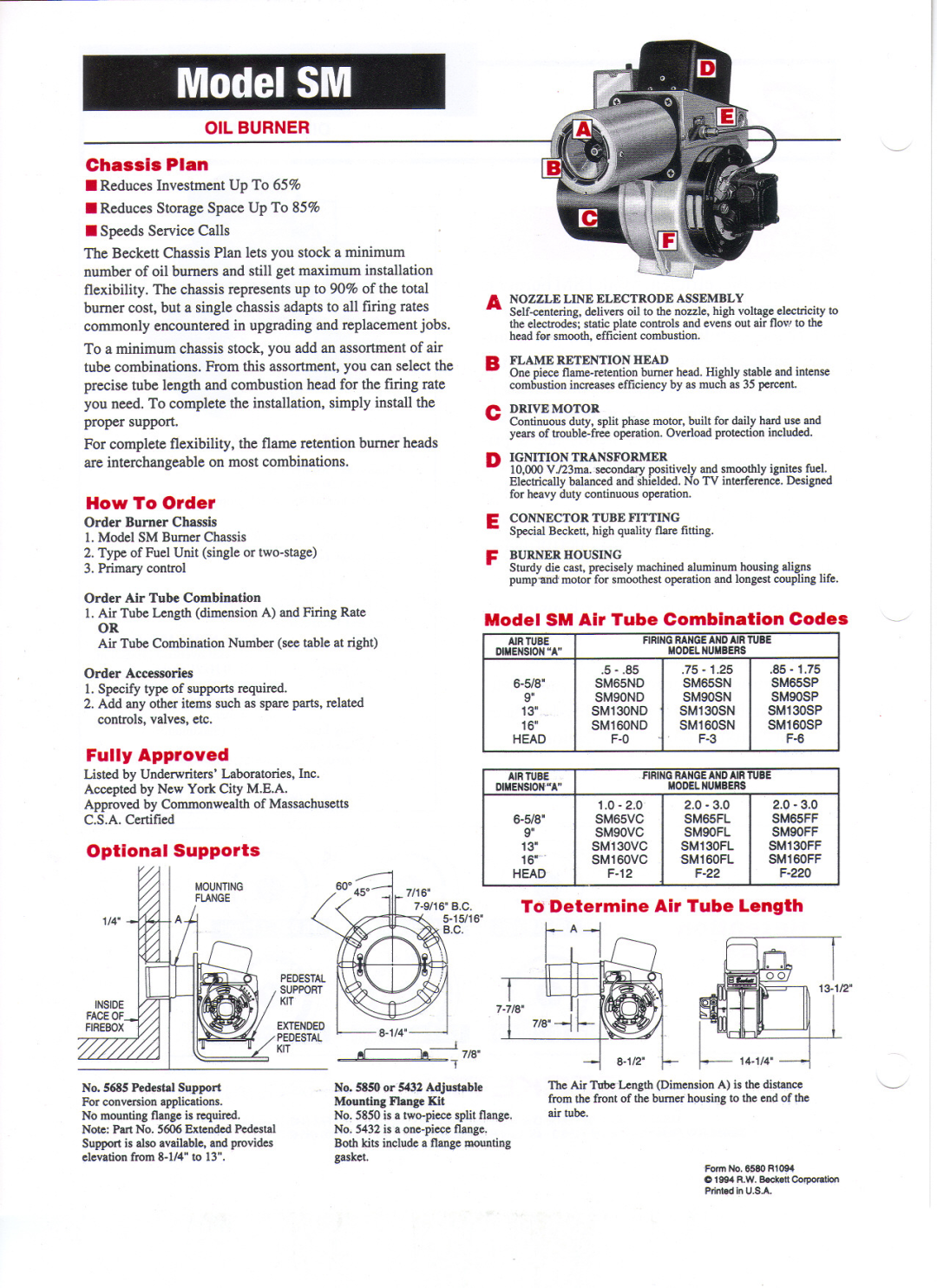 Beckett specifications ModelSM, How To Order, Model SM Air Tube Combination Codes, Fully Approved, Optional Supports 