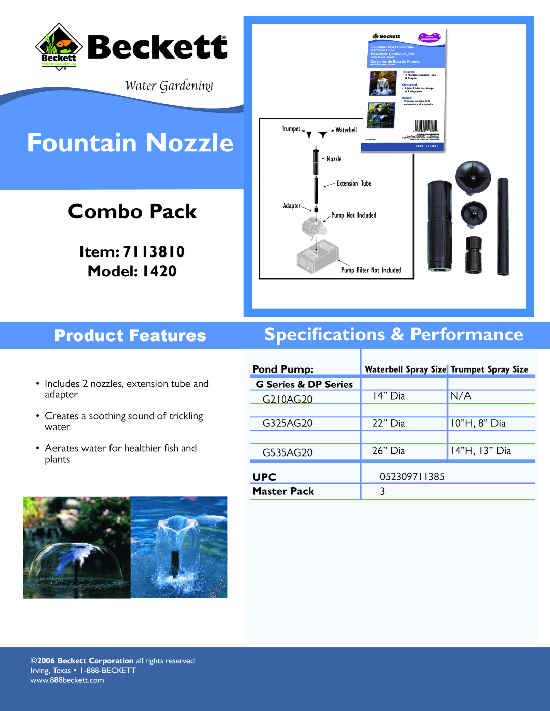 Beckett Water Gardening 1420 specifications Fountain Nozzle, Combo Pack, Speciﬁcations & Performance, Product Features 