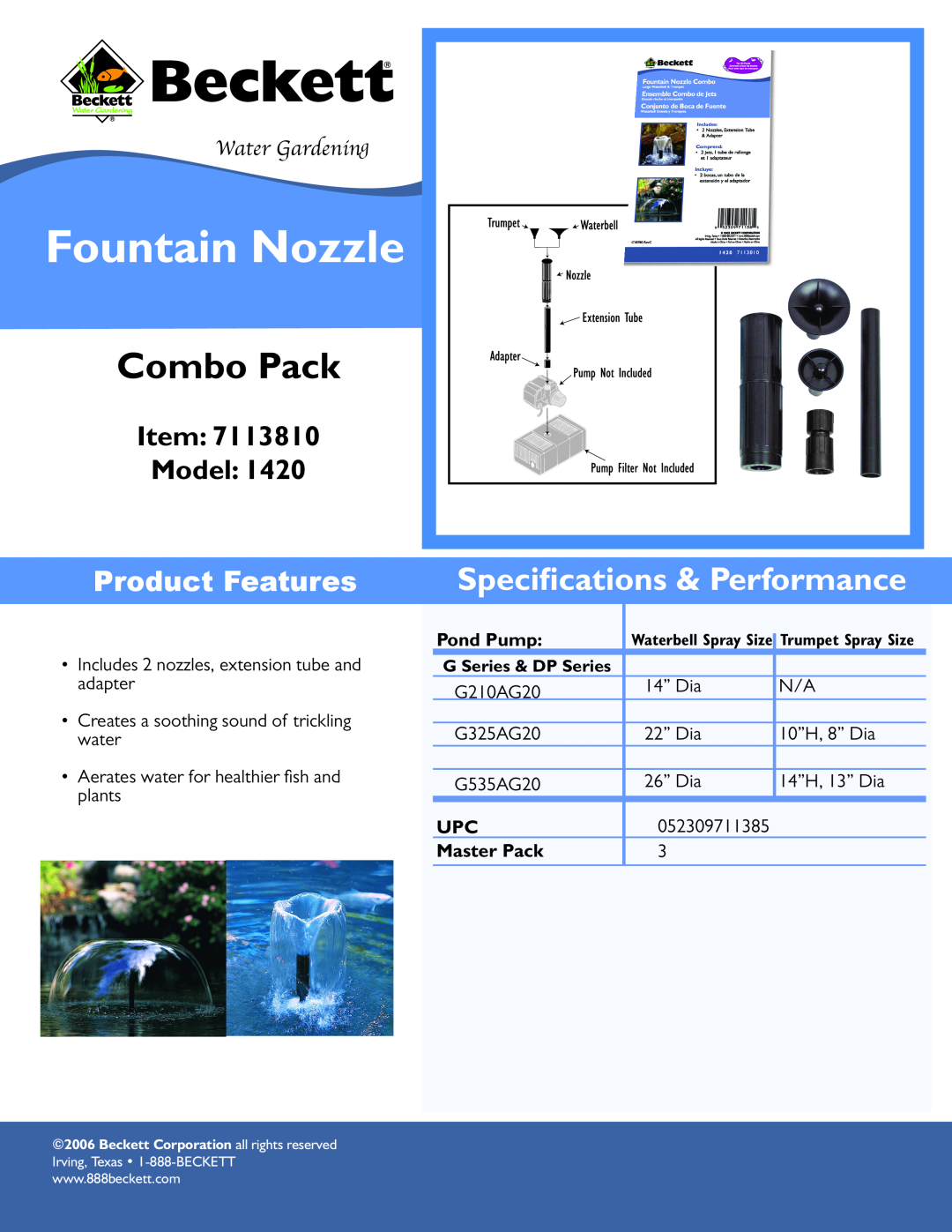 Beckett Water Gardening 1420 specifications Fountain Nozzle, Combo Pack, Speciﬁcations & Performance, Item Model 