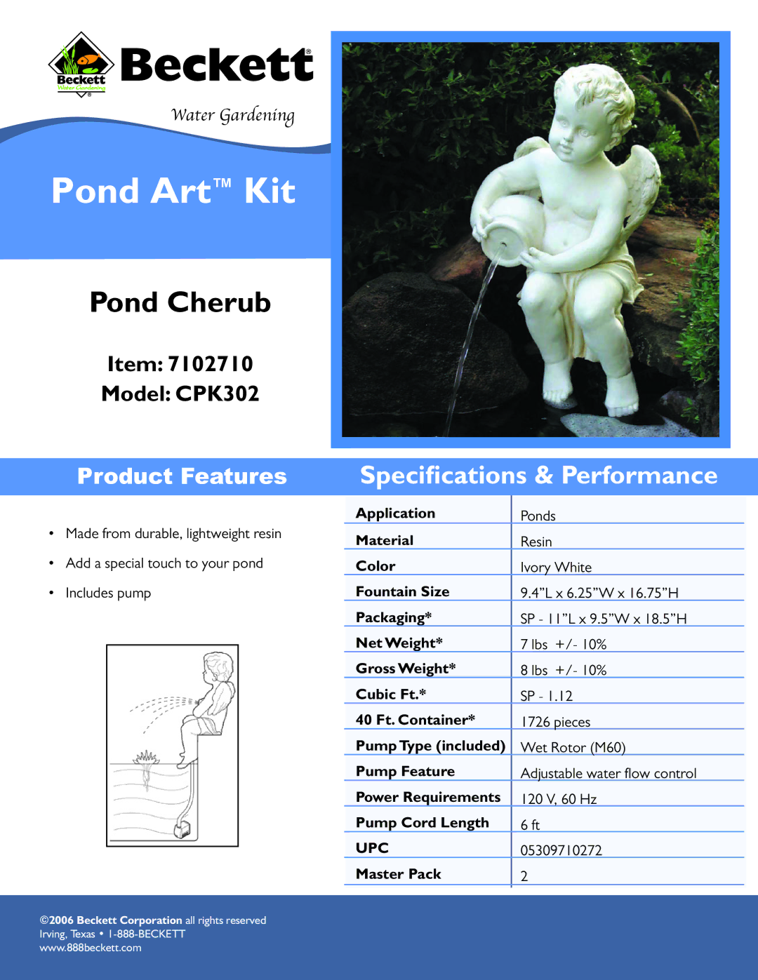 Beckett Water Gardening CPK302 specifications Pond Art Kit, Pond Cherub, Speciﬁcations & Performance 