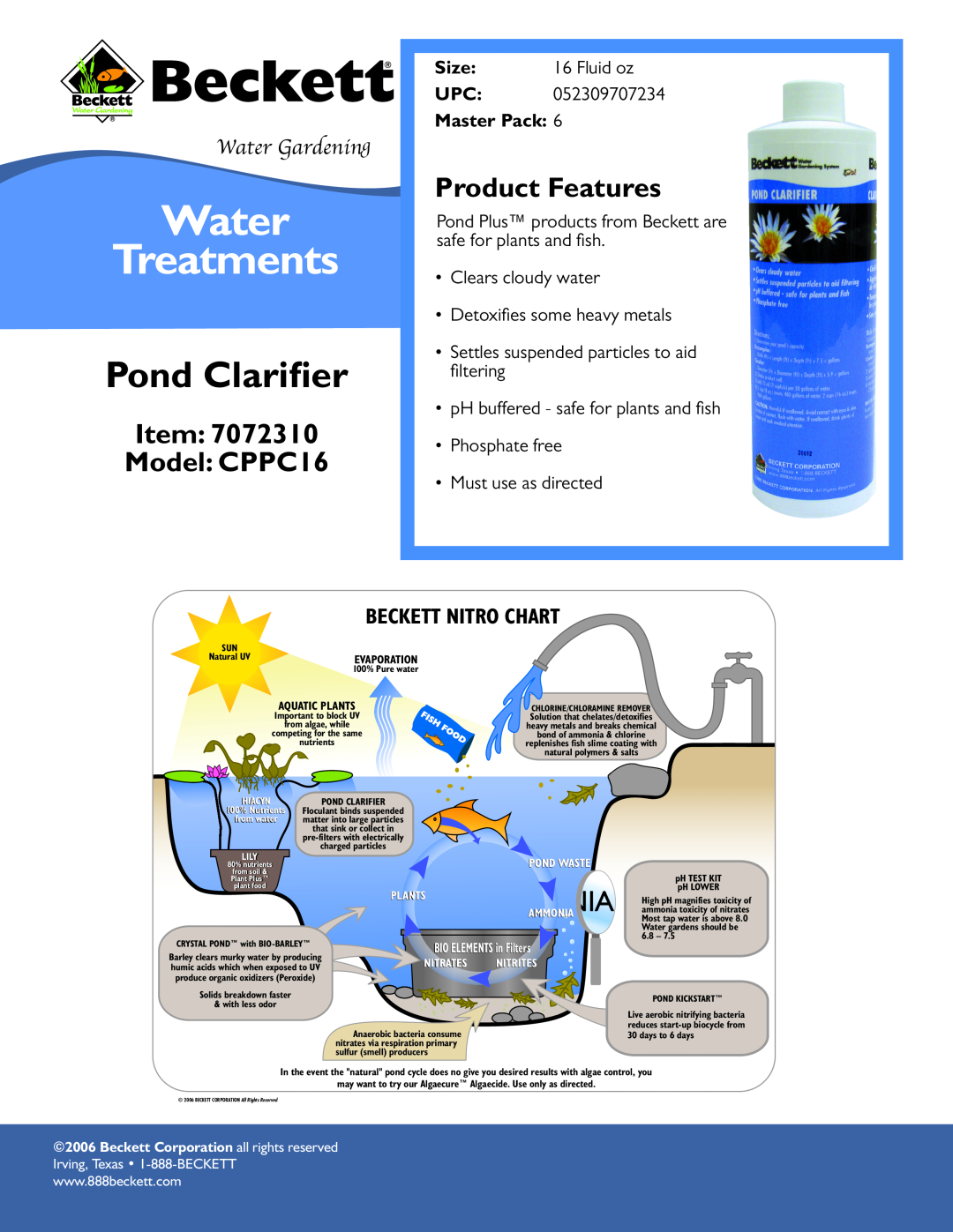 Beckett Water Gardening manual Water Treatments, Pond Clariﬁer, Item Model CPPC16, Product Features, Water Gardening 