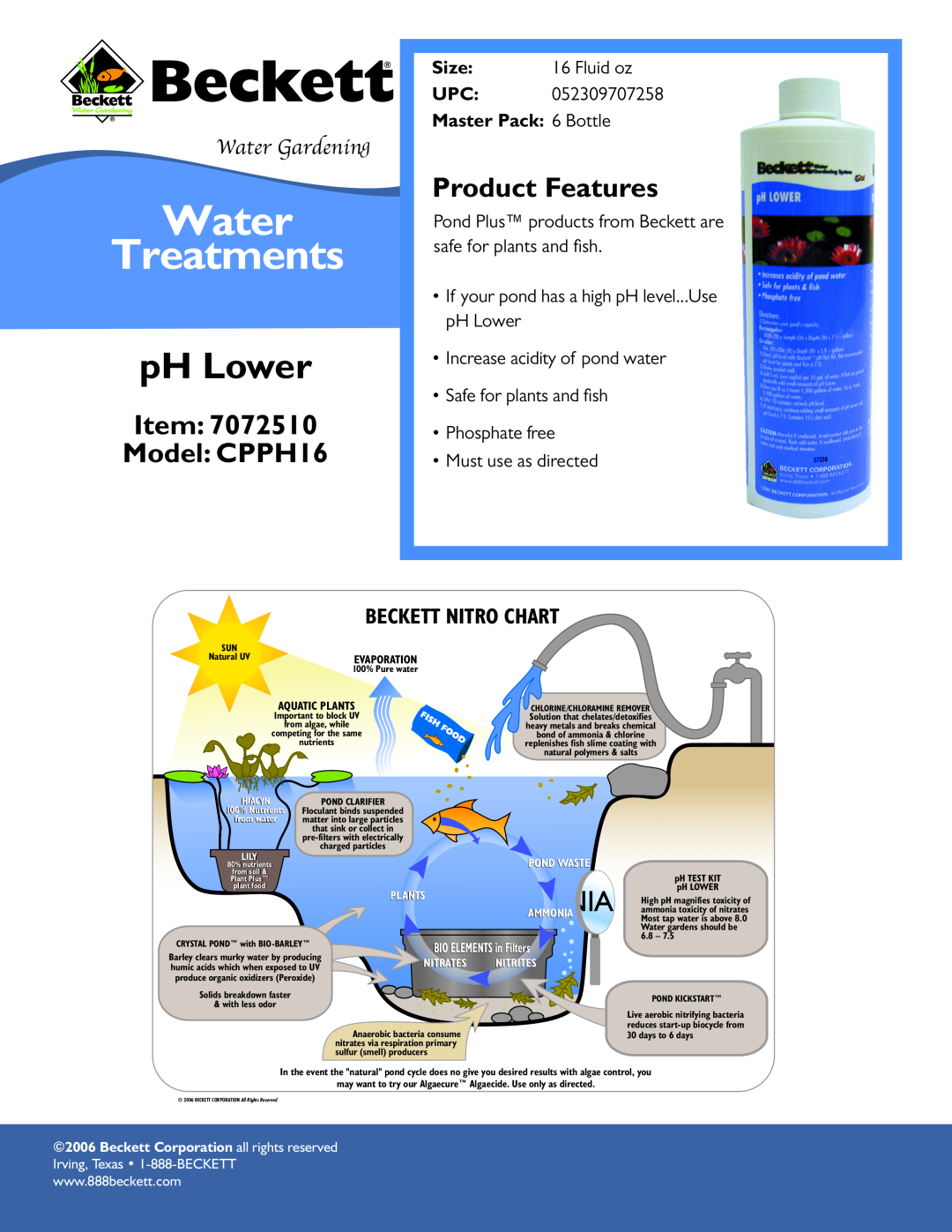Beckett Water Gardening manual Water Treatments, pH Lower, Item Model CPPH16, Product Features, Water Gardening, Size 