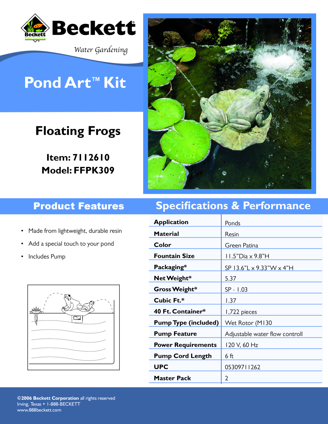Beckett Water Gardening FFPK309 specifications Pond Art Kit, Floating Frogs, Speciﬁcations & Performance, Product Features 