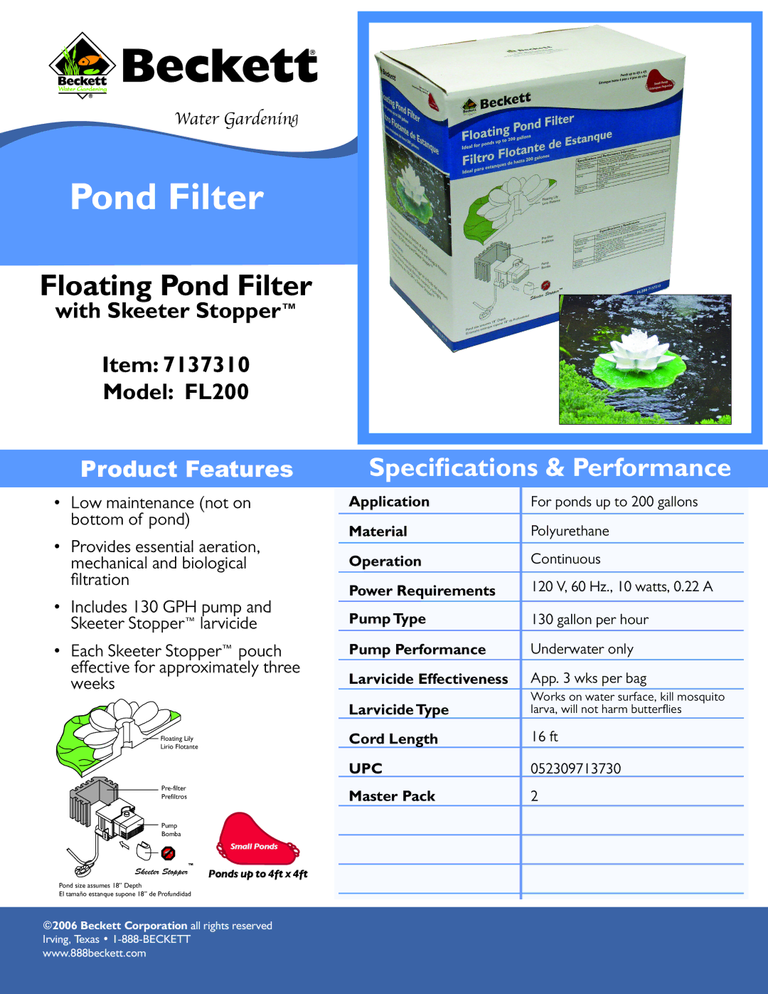 Beckett Water Gardening FL200 manual Floating Pond Filter, Speciﬁcations & Performance, Product Features 