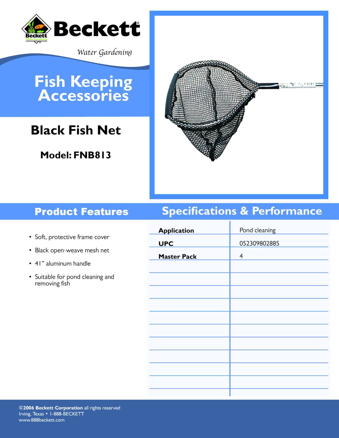 Beckett Water Gardening FNB813 specifications Fish Keeping Accessories, Black Fish Net, Product Features 