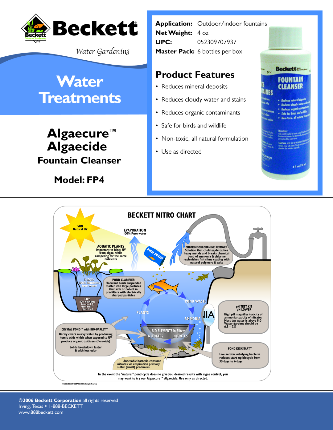 Beckett Water Gardening specifications Water Treatments, Algaecure Algaecide, Fountain Cleanser Model FP4, Application 