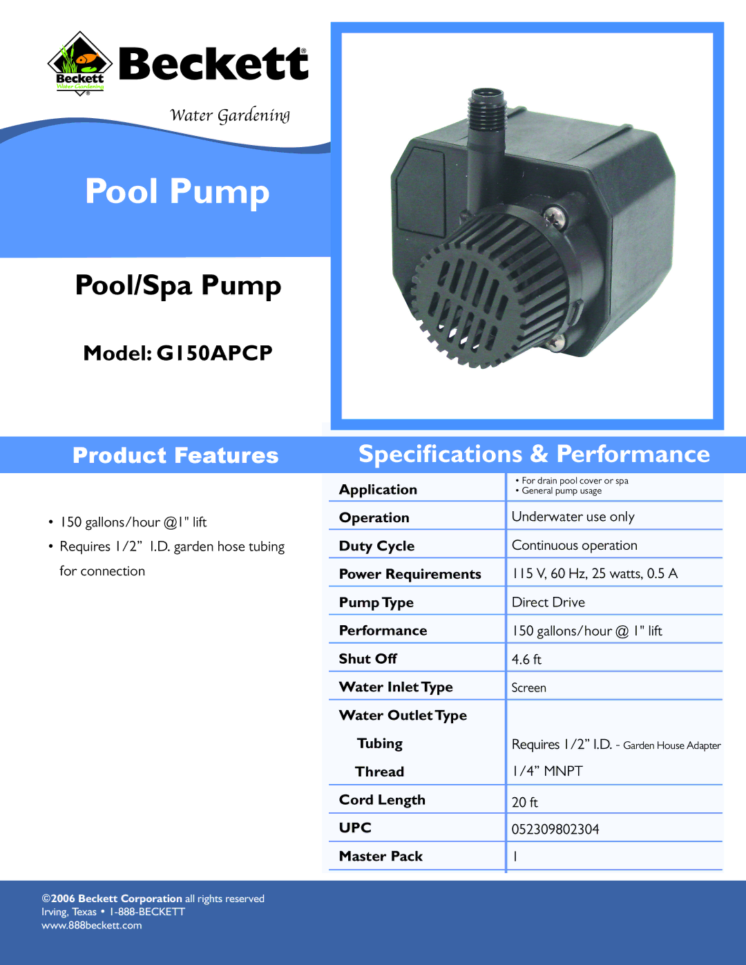 Beckett Water Gardening G150APCP specifications Pool Pump, Pool/Spa Pump, Speciﬁcations & Performance 