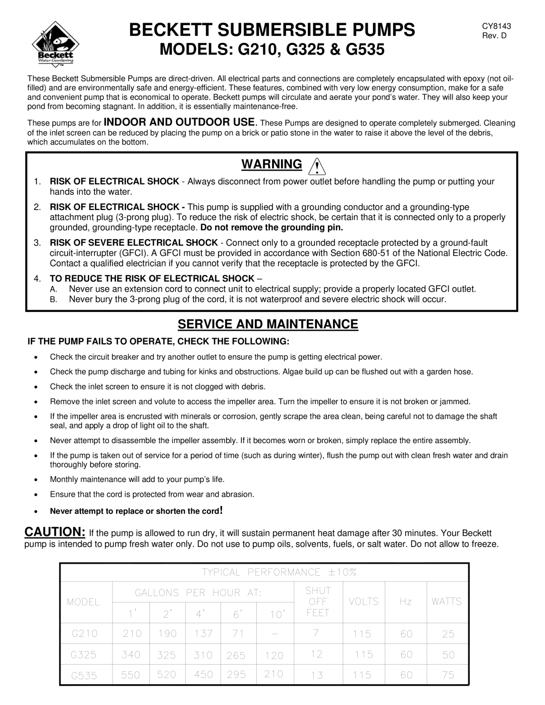 Beckett Water Gardening manual Beckett Submersible Pumps, Models G210, G325 & G535, Service and Maintenance 