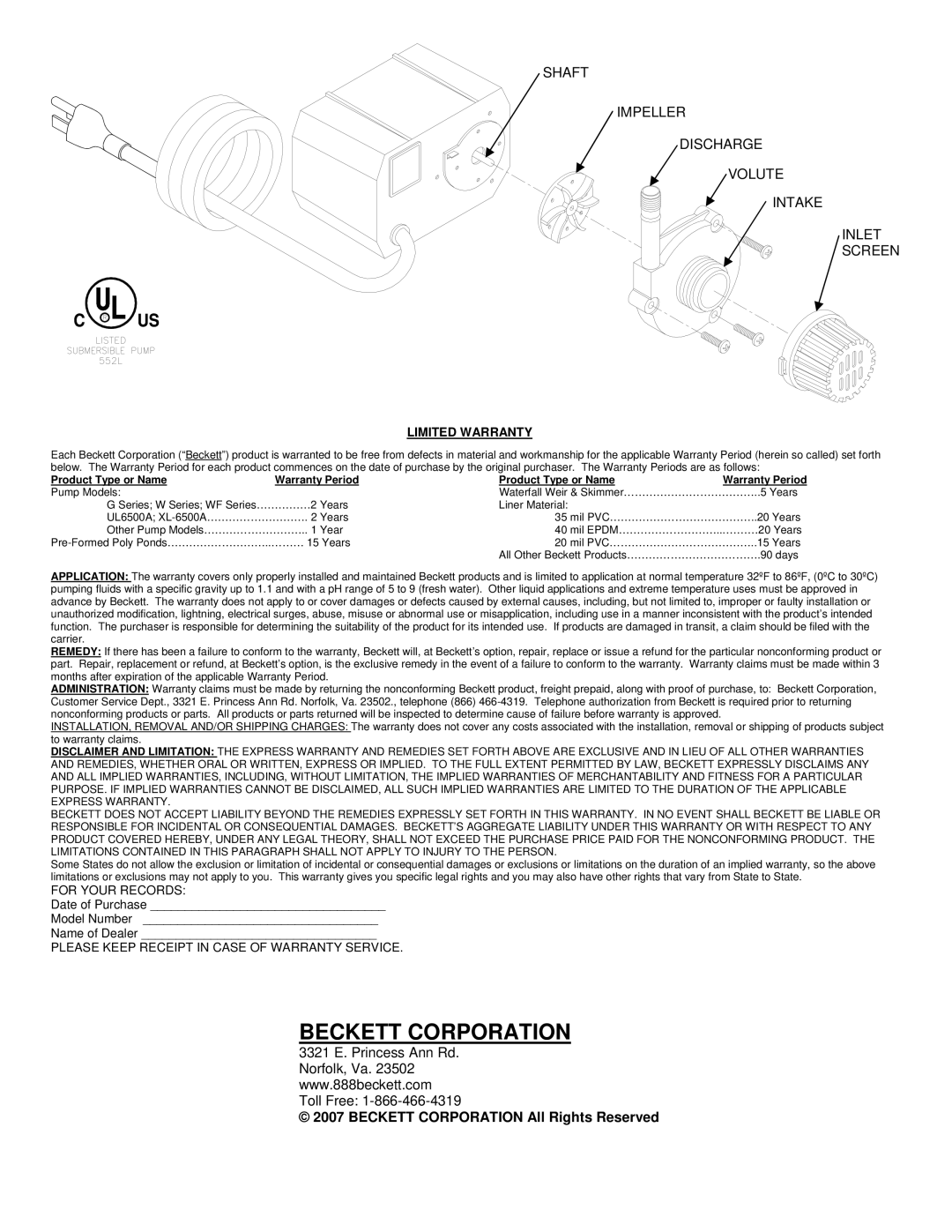 Beckett Water Gardening G210 Beckett Corporation, Shaft Impeller Discharge Volute Intake Inlet Screen, Limited Warranty 