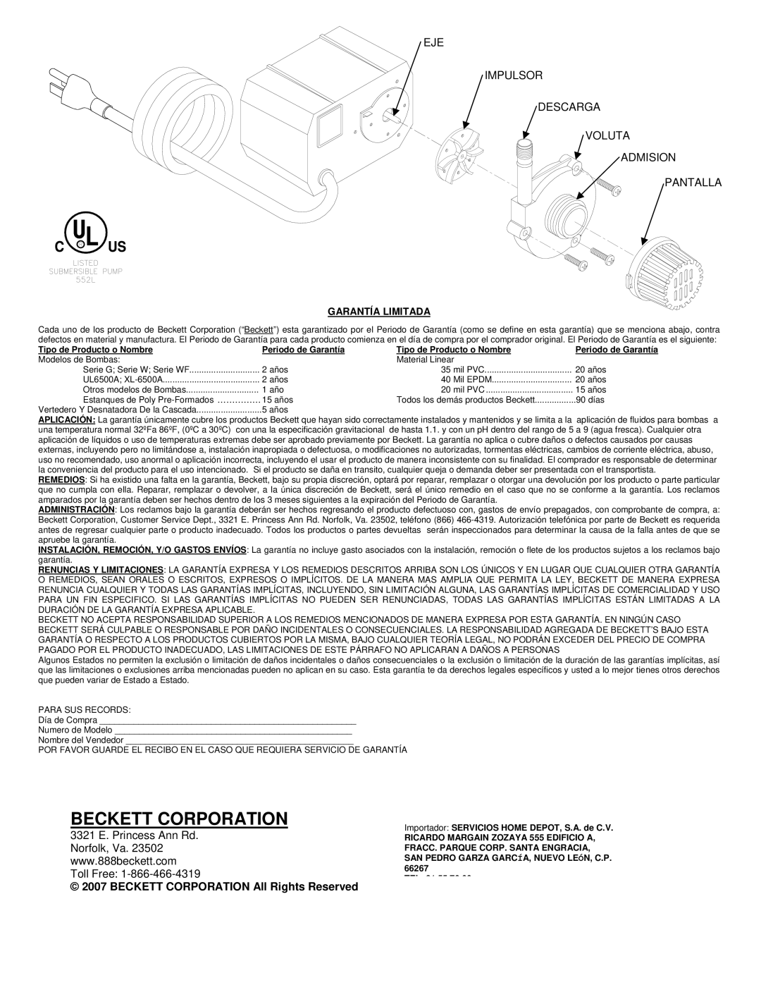 Beckett Water Gardening G325, G535, G210 EJE Impulsor Descarga Voluta Admision Pantalla, Garantía Limitada, TEL 81 55 70 