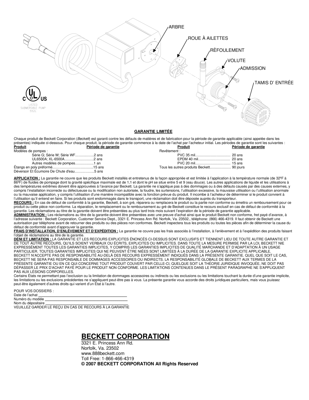 Beckett Water Gardening G535, G325, G210 manual Garantie Limitée, Produit Période de garantie 