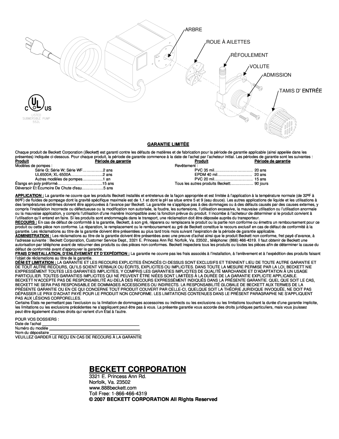 Beckett Water Gardening G535, G325 Beckett Corporation, BECKETT CORPORATION All Rights Reserved, Garantie Limitée, Produit 