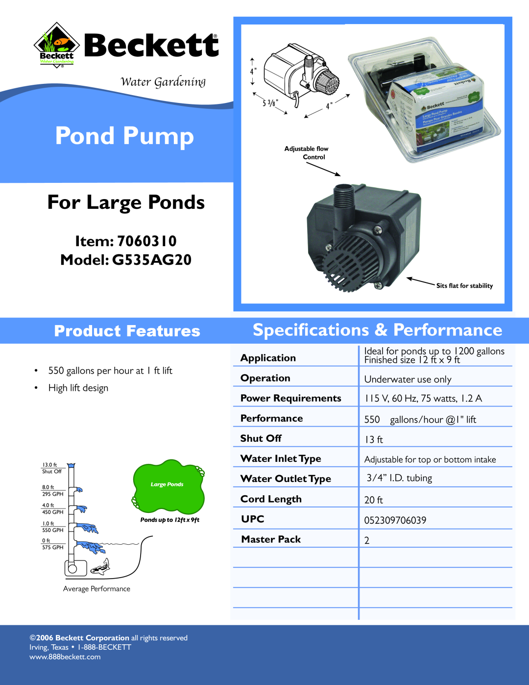 Beckett Water Gardening specifications Pond Pump, For Large Ponds, Speciﬁcations & Performance, Model G535AG20 