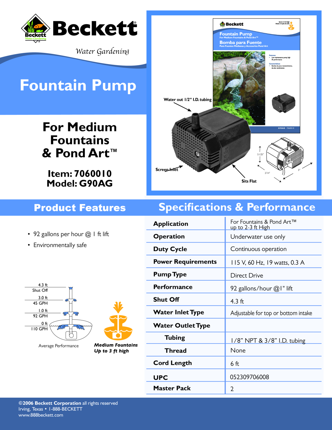 Beckett Water Gardening G90AG specifications Fountain Pump, For Medium Fountains Pond Art, Speciﬁcations & Performance 