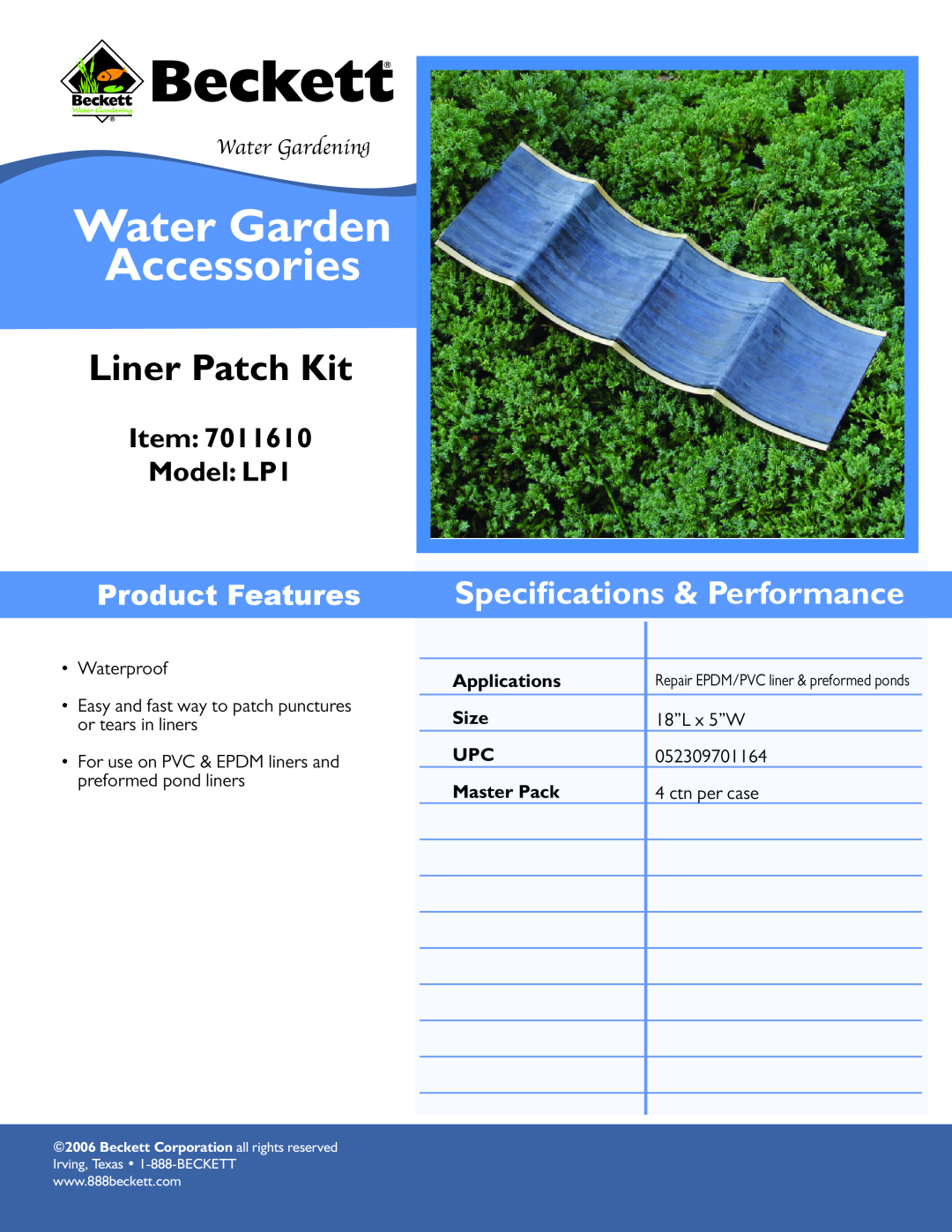Beckett Water Gardening LP1 specifications Water Garden Accessories, Liner Patch Kit, Speciﬁcations & Performance, Size 