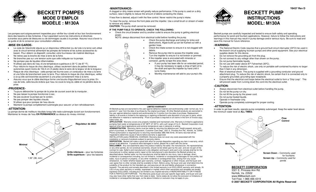 Beckett Water Gardening warranty Beckett Pompes, Beckett Pump, Mode D’EMPLOI Modèle M130A, Instructions Model M130A 