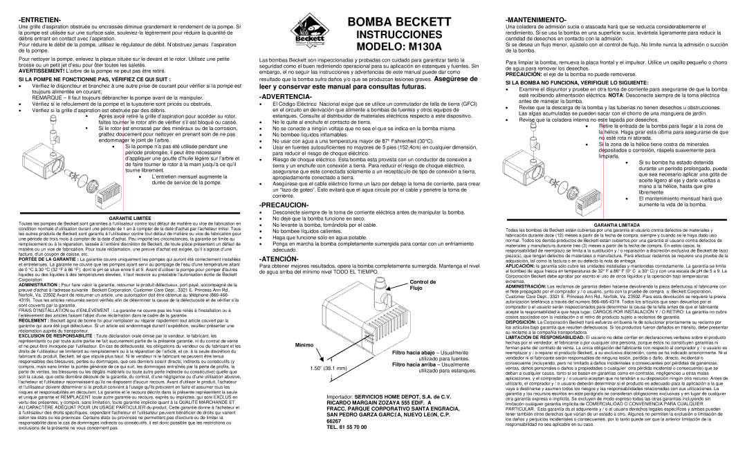 Beckett Water Gardening warranty Bomba Beckett, Instrucciones Modelo M130A 