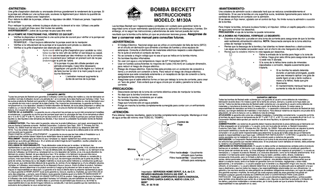 Beckett Water Gardening Bomba Beckett, INSTRUCCIONES MODELO M130A, Entretien, Precaucion, Atención, Mantenimiento 