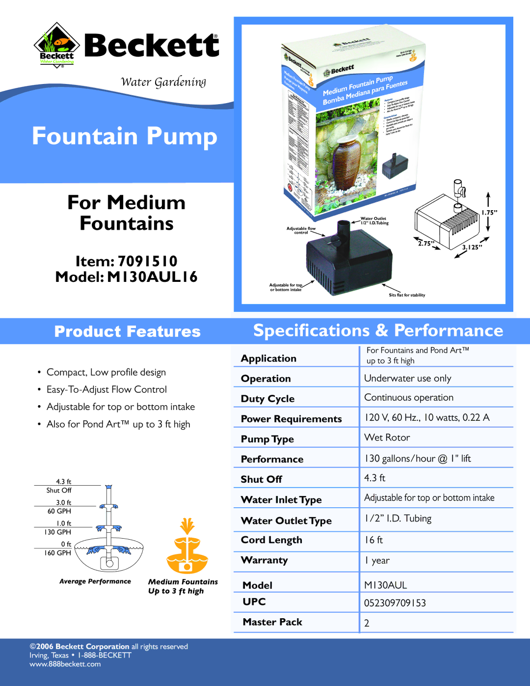 Beckett Water Gardening M130AUL specifications Fountain Pump, For Medium Fountains, Speciﬁcations & Performance, Upc 