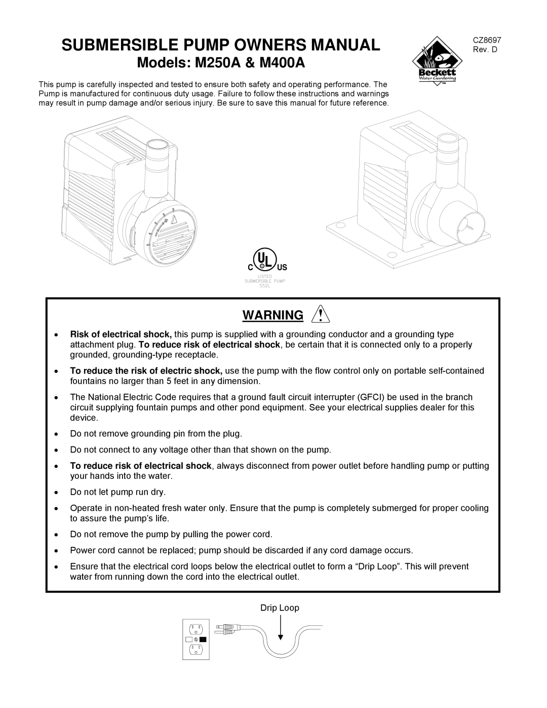 Beckett Water Gardening owner manual Models M250A & M400A 