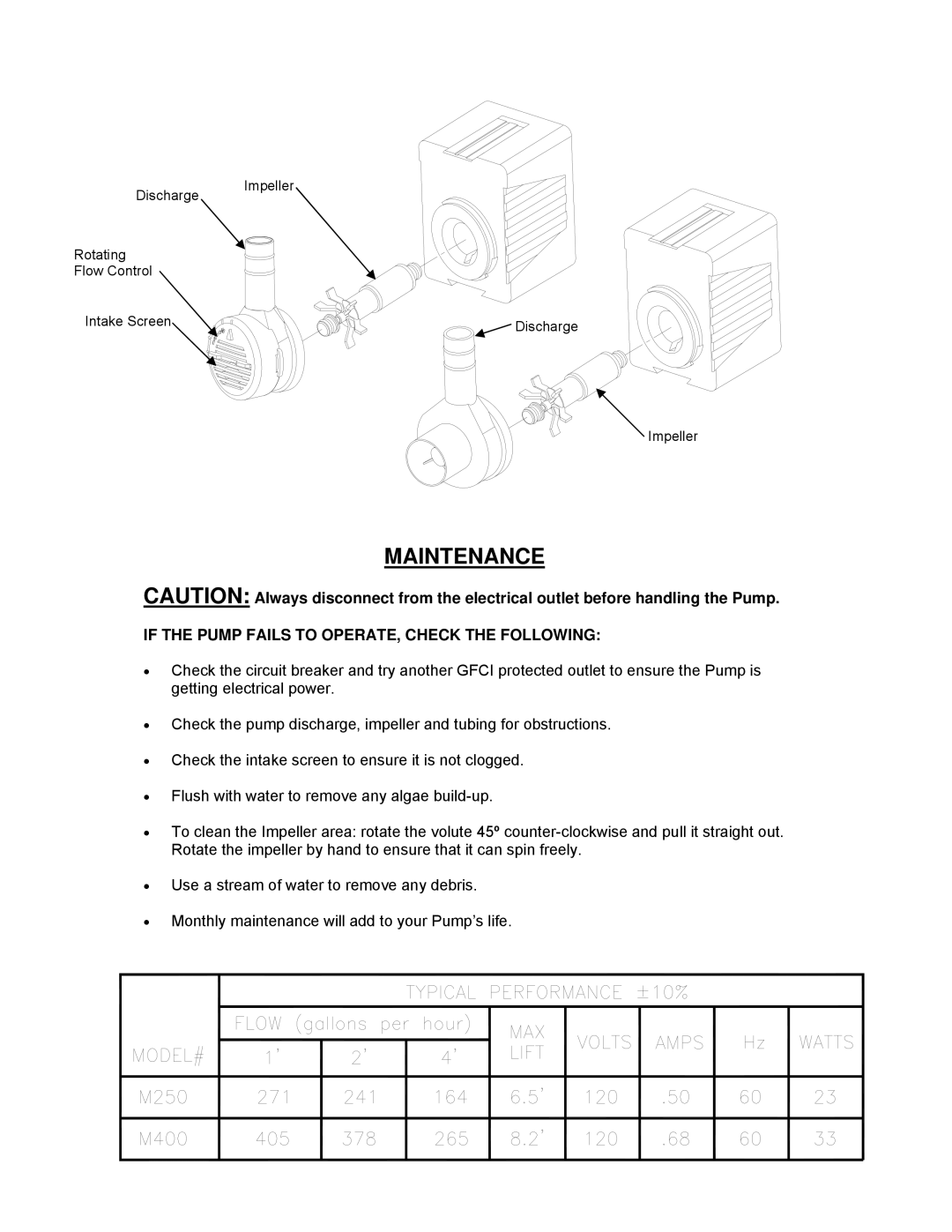 Beckett Water Gardening M400A, M250A owner manual Maintenance, If the Pump Fails to OPERATE, Check the Following 