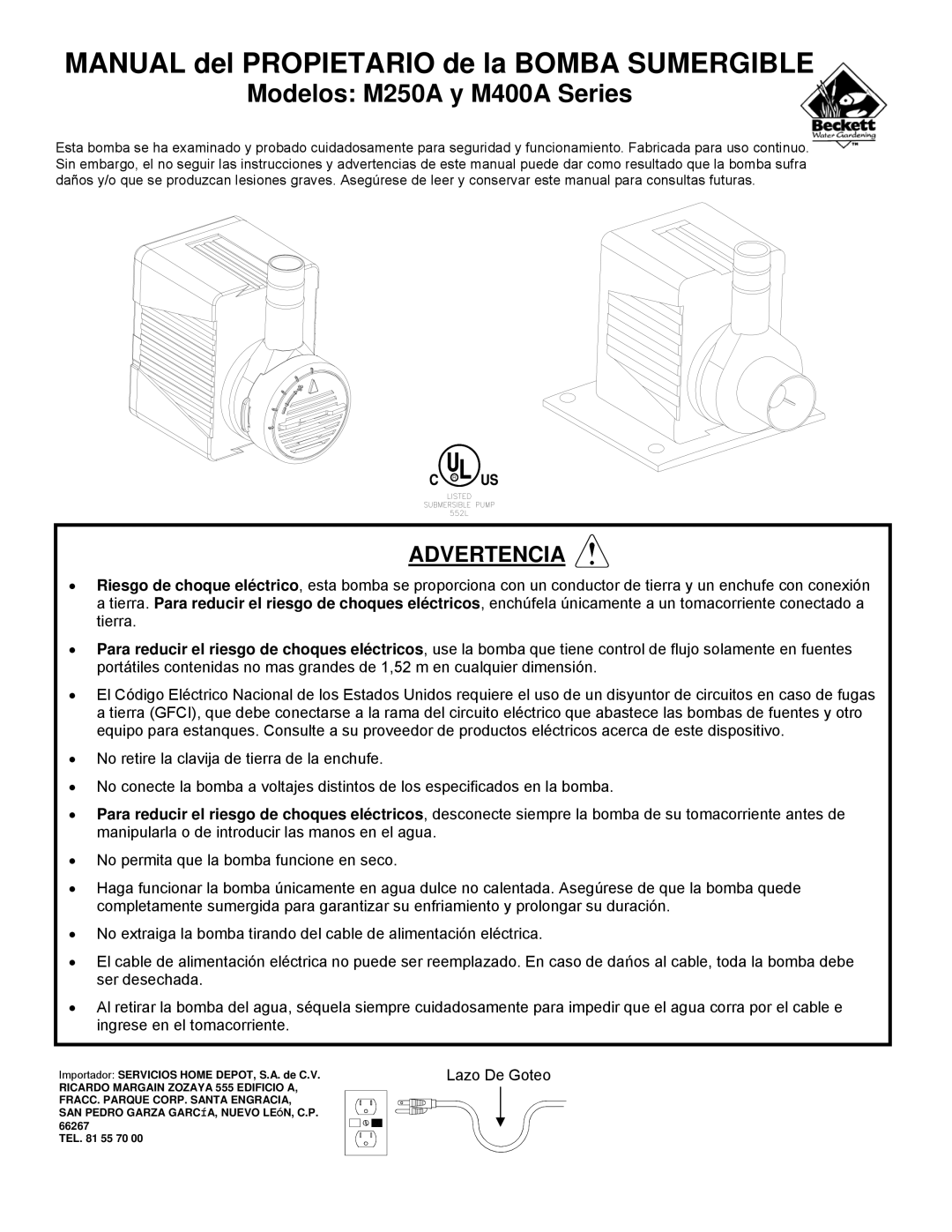 Beckett Water Gardening Manual del Propietario de la Bomba Sumergible, Modelos M250A y M400A Series, Advertencia 