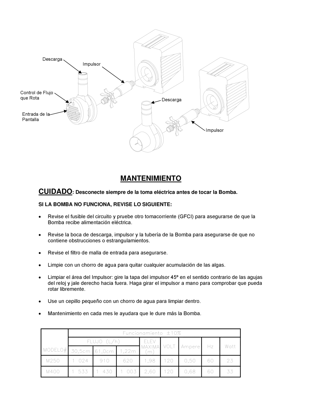 Beckett Water Gardening M400A, M250A owner manual Mantenimiento, SI LA Bomba no FUNCIONA, Revise LO Siguiente 