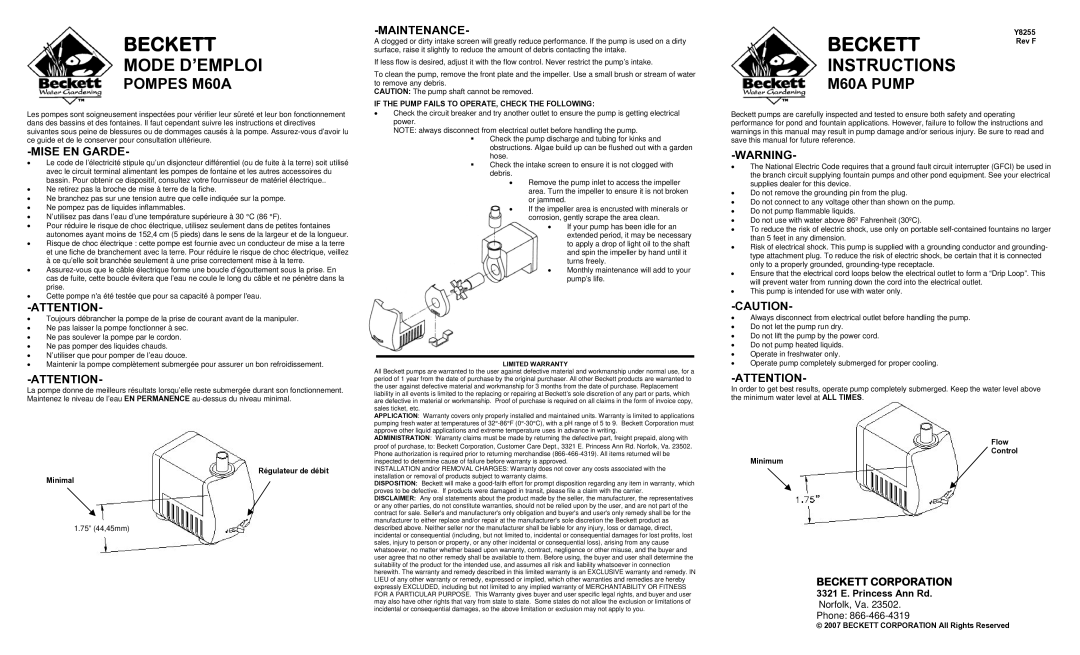 Beckett Water Gardening warranty Mode D’EMPLOI, Instructions, Pompes M60A, M60A Pump 