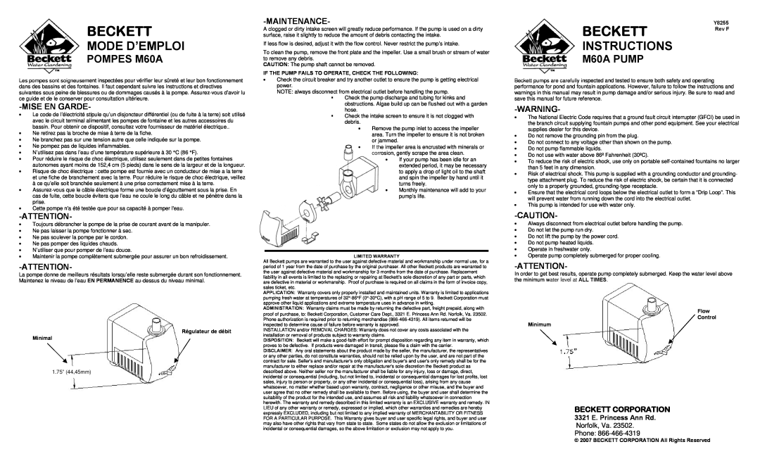 Beckett Water Gardening warranty Mode D’Emploi, Instructions, POMPES M60A, M60A PUMP, Mise En Garde, Maintenance, Y8255 