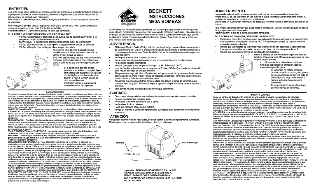 Beckett Water Gardening Beckett, INSTRUCCIONES M60A BOMBAS, Entretien, Advertencia, Cuidado, Atención, Mantenimiento 