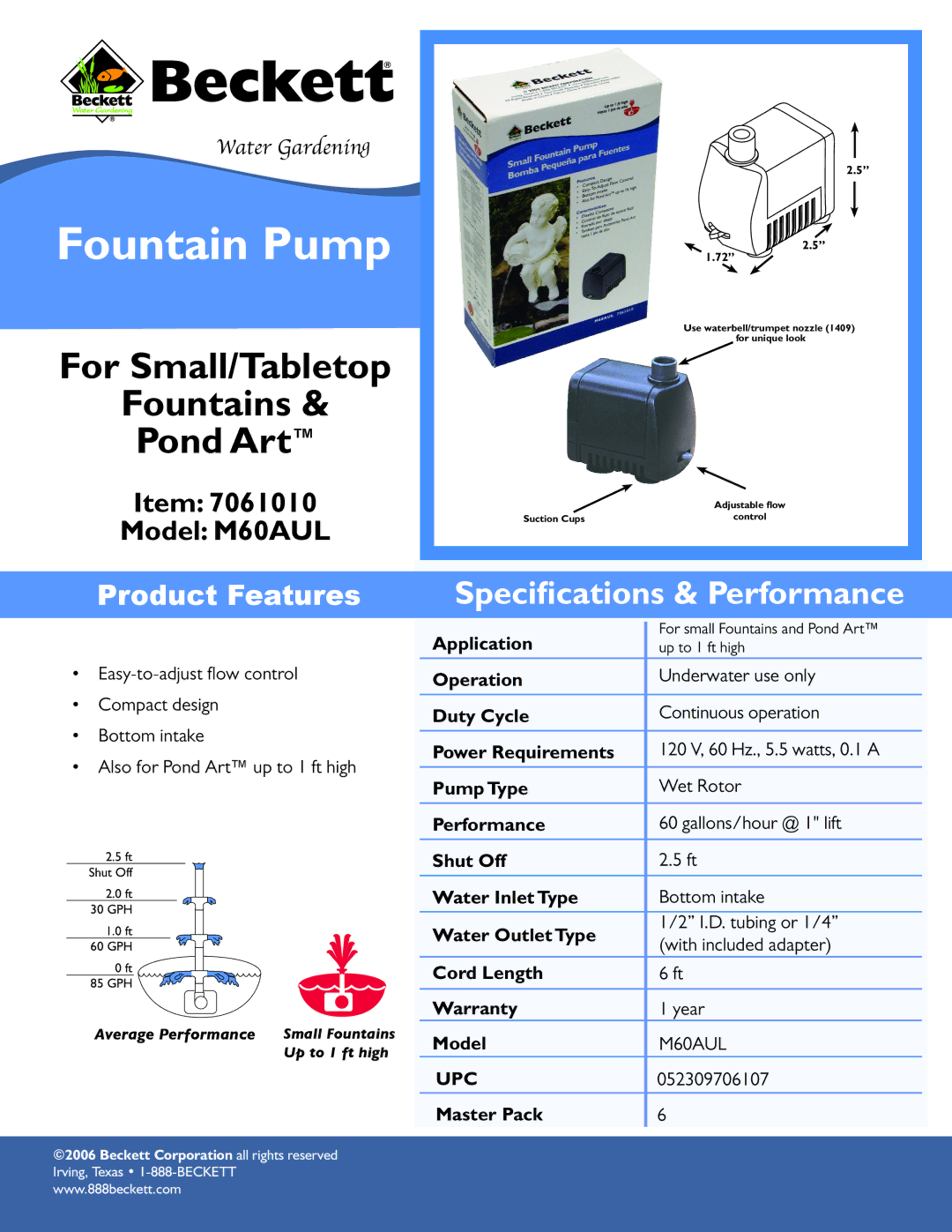 Beckett Water Gardening M60AUL specifications Fountain Pump, For Small/Tabletop Fountains Pond Art, Upc, Master Pack 