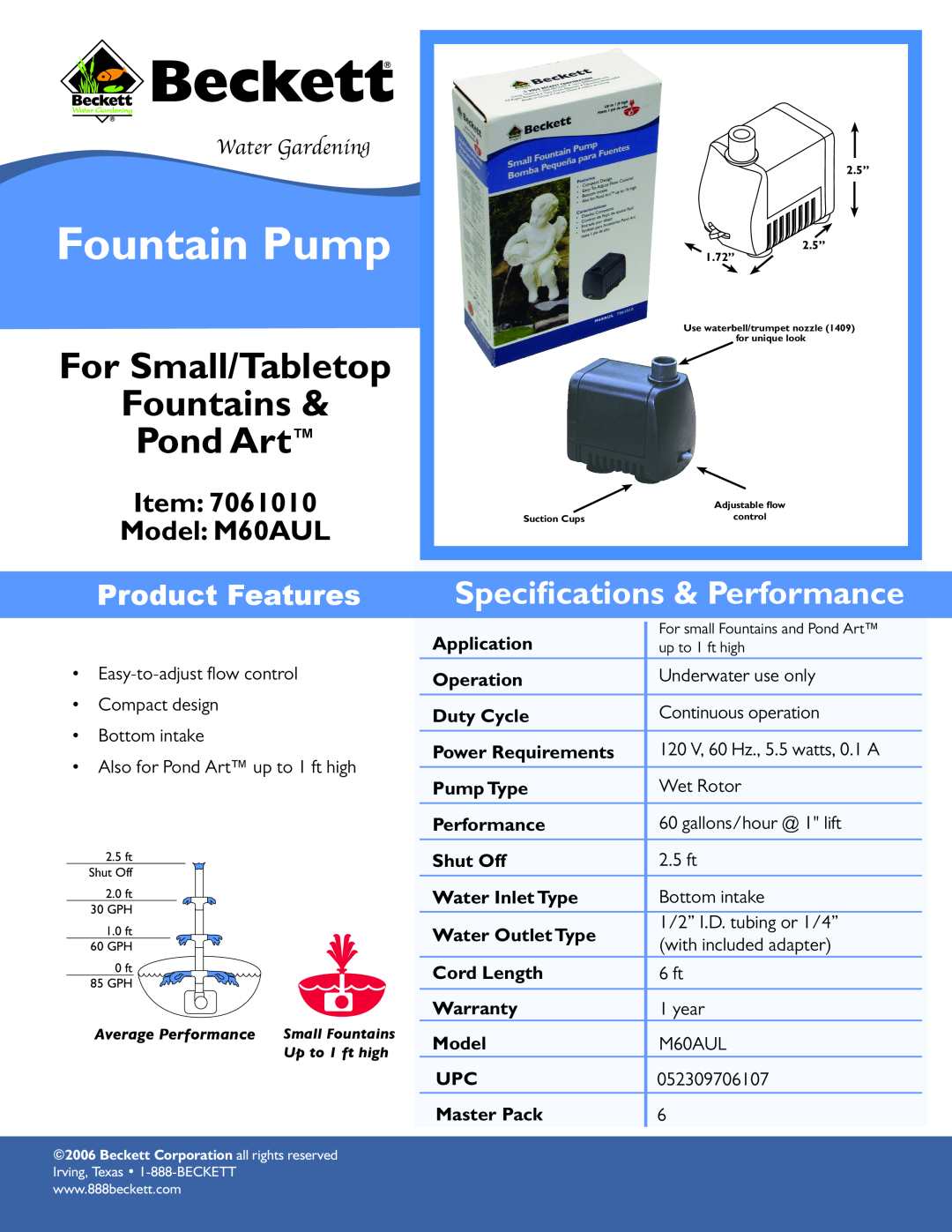Beckett Water Gardening specifications Fountain Pump, For Small/Tabletop Fountains Pond Art, Model M60AUL 