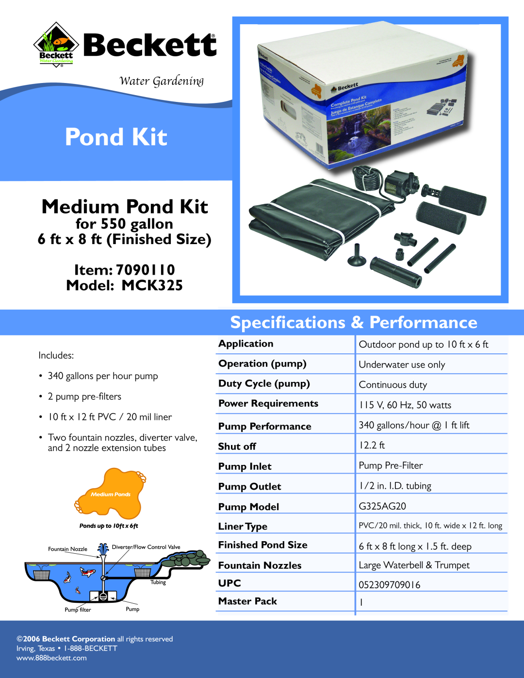 Beckett Water Gardening specifications Medium Pond Kit, Speciﬁcations & Performance, Model MCK325, Water Gardening 
