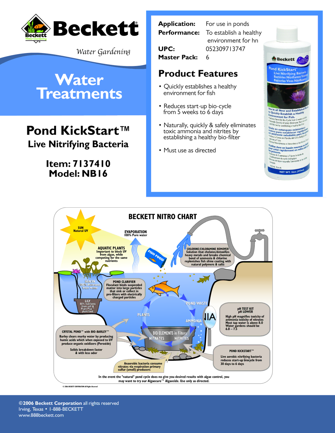 Beckett Water Gardening specifications Live Nitrifying Bacteria Model NB16, Product Features, Pond Waste, Ammonia 