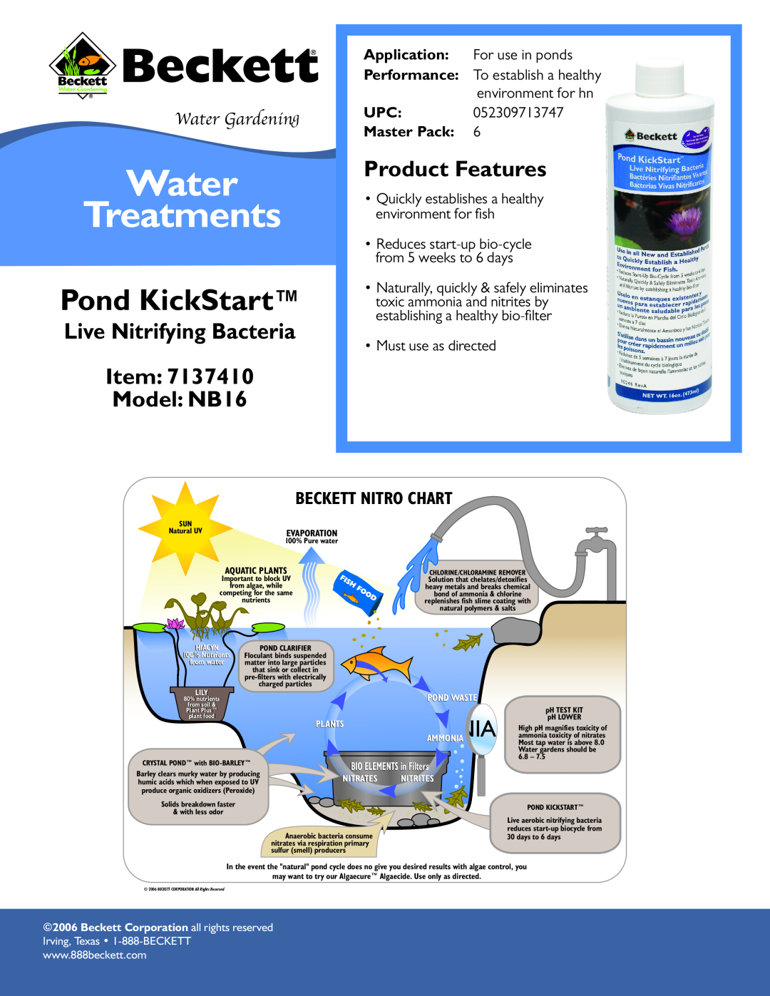 Beckett Water Gardening specifications Water Treatments, Pond KickStart, Live Nitrifying Bacteria Item Model NB16, Upc 