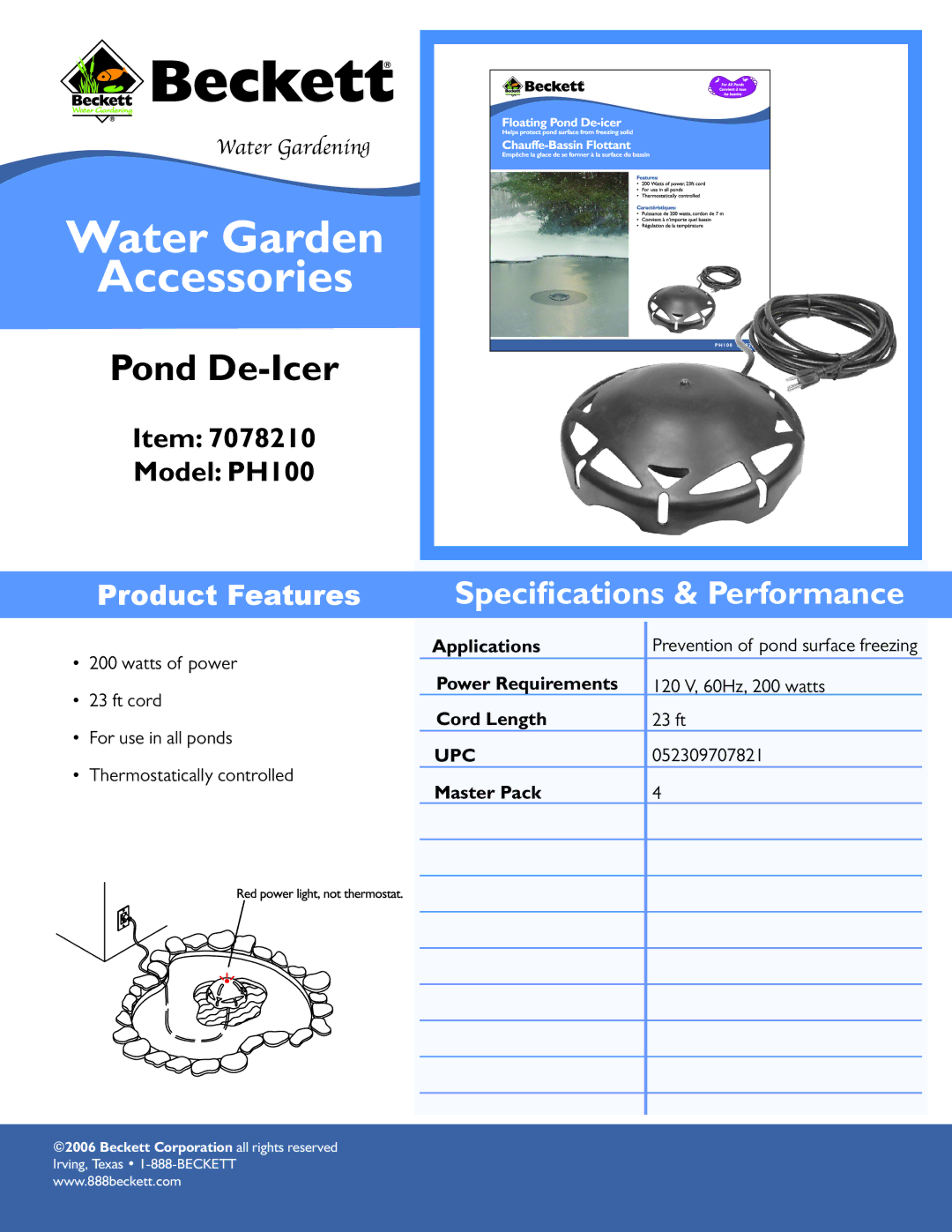 Beckett Water Gardening PH100 specifications Water Garden Accessories, Pond De-Icer, Speciﬁcations & Performance 