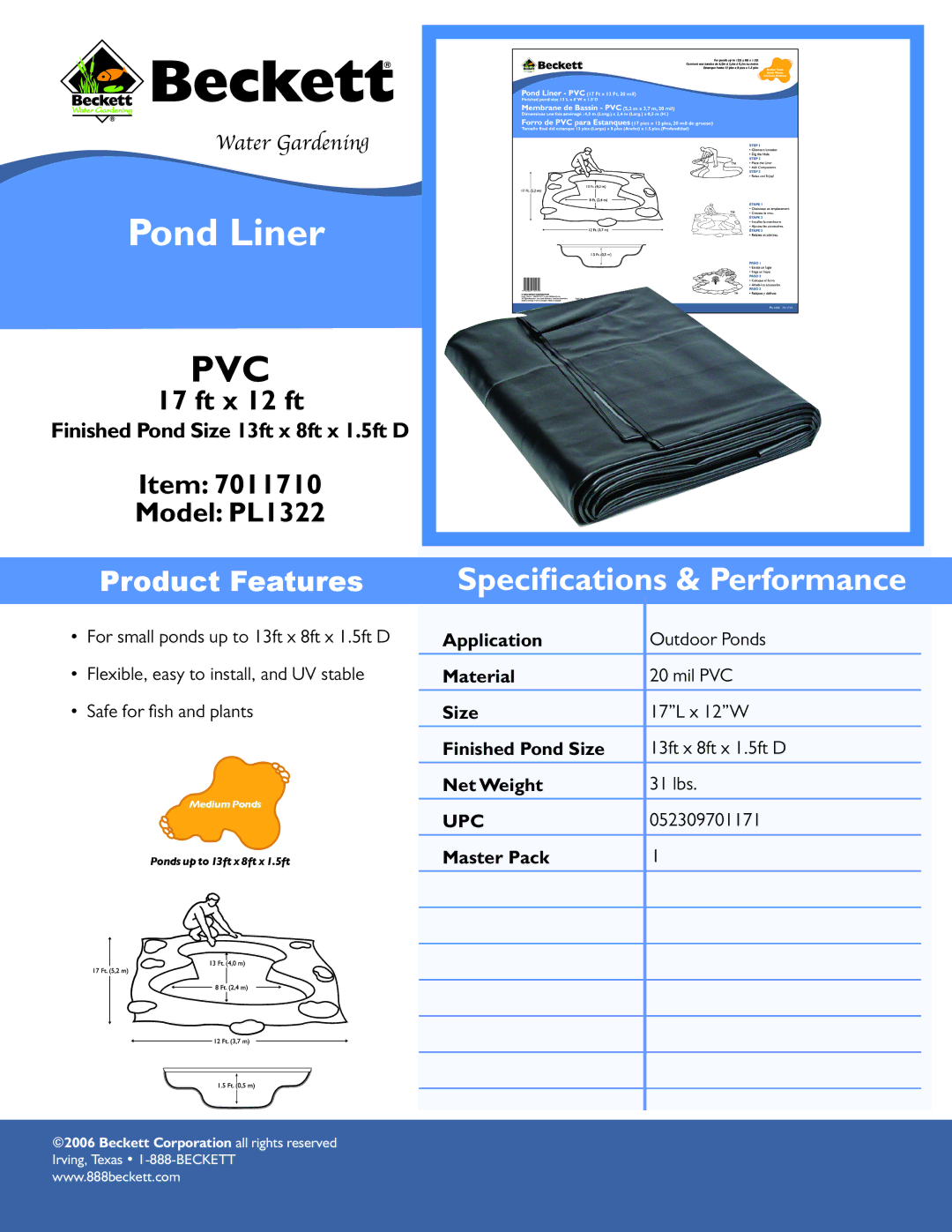 Beckett Water Gardening PL1322 specifications Pond Liner, Pvc, Speciﬁcations & Performance, Product Features 