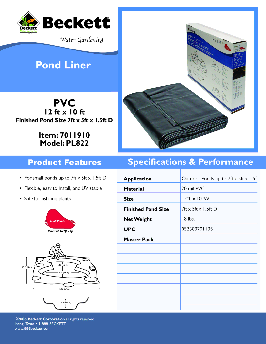 Beckett Water Gardening PL822 specifications Pond Liner, Pvc, Speciﬁcations & Performance, Product Features 