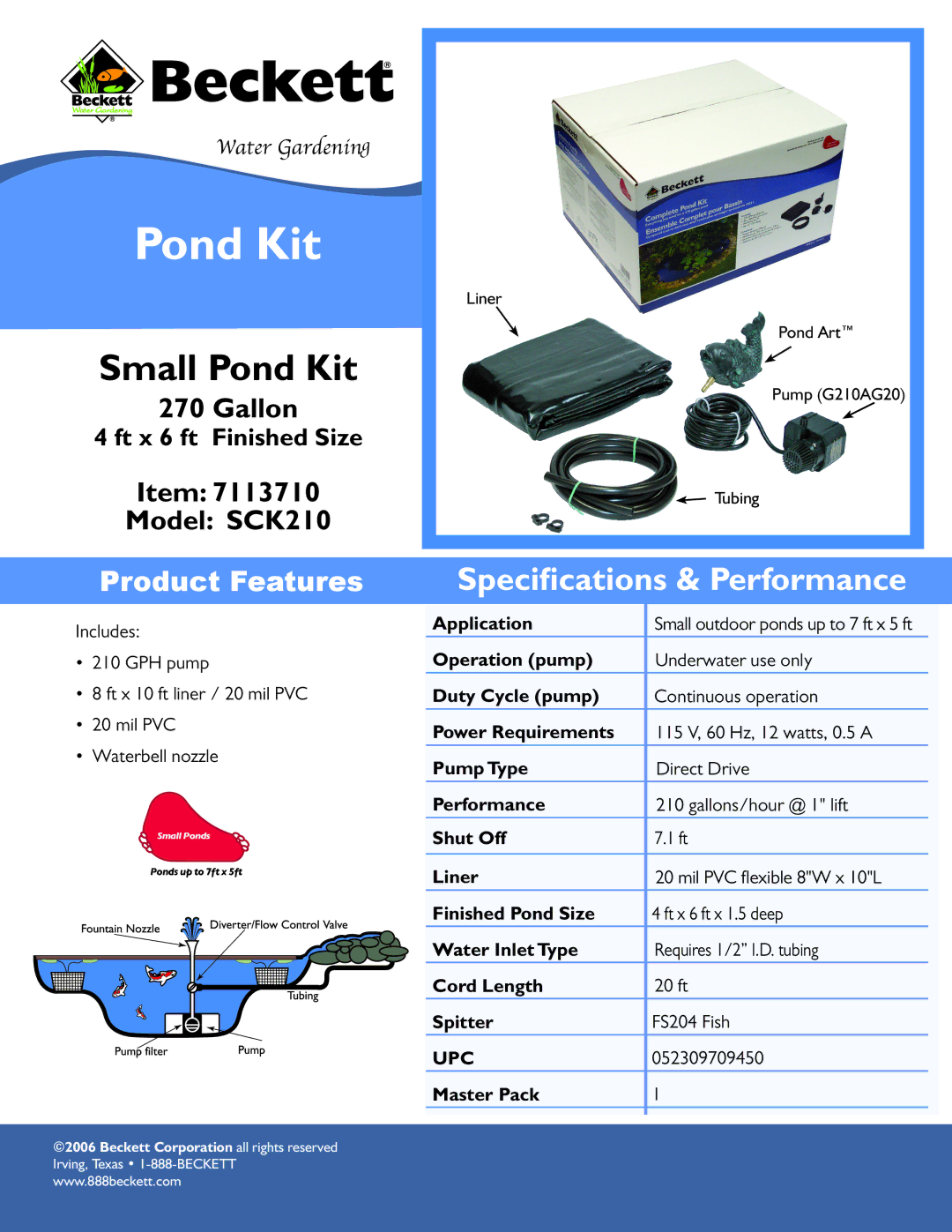 Beckett Water Gardening SCK210 specifications Small Pond Kit, Speciﬁcations & Performance, Product Features 