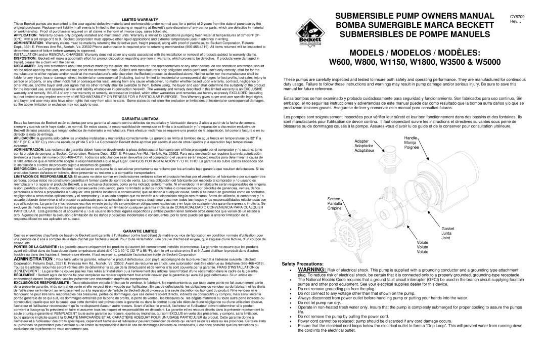 Beckett Water Gardening W1150, W3500 warranty Safety Precautions, Limited Warranty, Garantia Limitada, Garantie Limitee 
