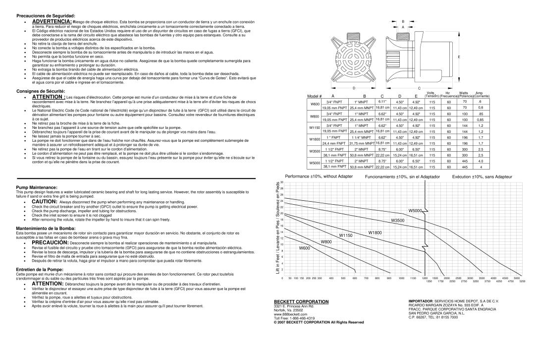 Beckett Water Gardening W5000 Precauciones de Seguridad, Consignes de Sécurité, Pump Maintenance, Entretien de la Pompe 