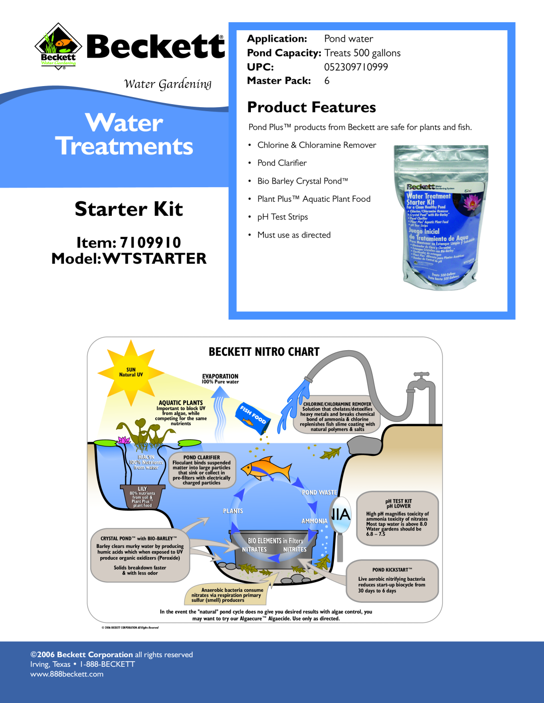 Beckett Water Gardening manual Water Treatments, Starter Kit, Item Model WTSTARTER, Product Features, Water Gardening 