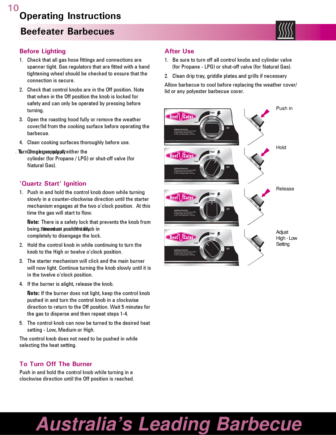 BeefEater Barbecue manual Before Lighting, After Use, ‘Quartz Start’ Ignition, To Turn Off The Burner 