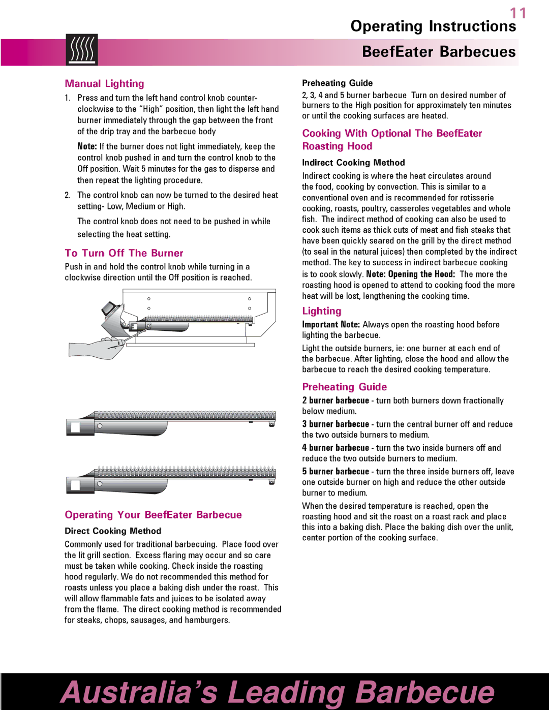 BeefEater manual Manual Lighting, Operating Your BeefEater Barbecue, Cooking With Optional The BeefEater Roasting Hood 